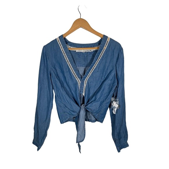 Lovers + Friends Revolve 100% Tencel Long Sleeve Chambray Top Front Tie‎ Size M - Picture 1 of 8